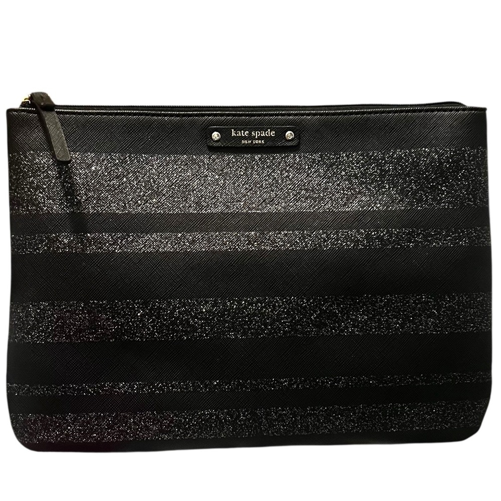 Kate‎ Spade New York Black Glitter Stripe Clutch Pouch Bag Evening Party